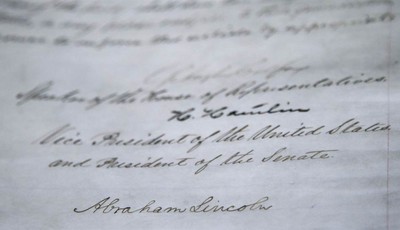 
              The signature of President Abraham Lincoln is seen on the 13th Amendment in a display at the Tennessee State Museum on Monday, Feb. 11, 2013, in Nashville, Tenn. The 13th Amendment, whi